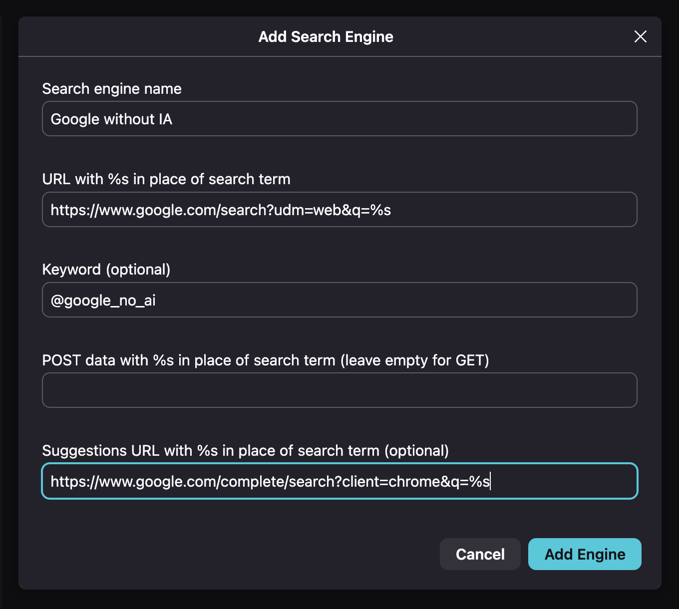Settings for the new search engine entry