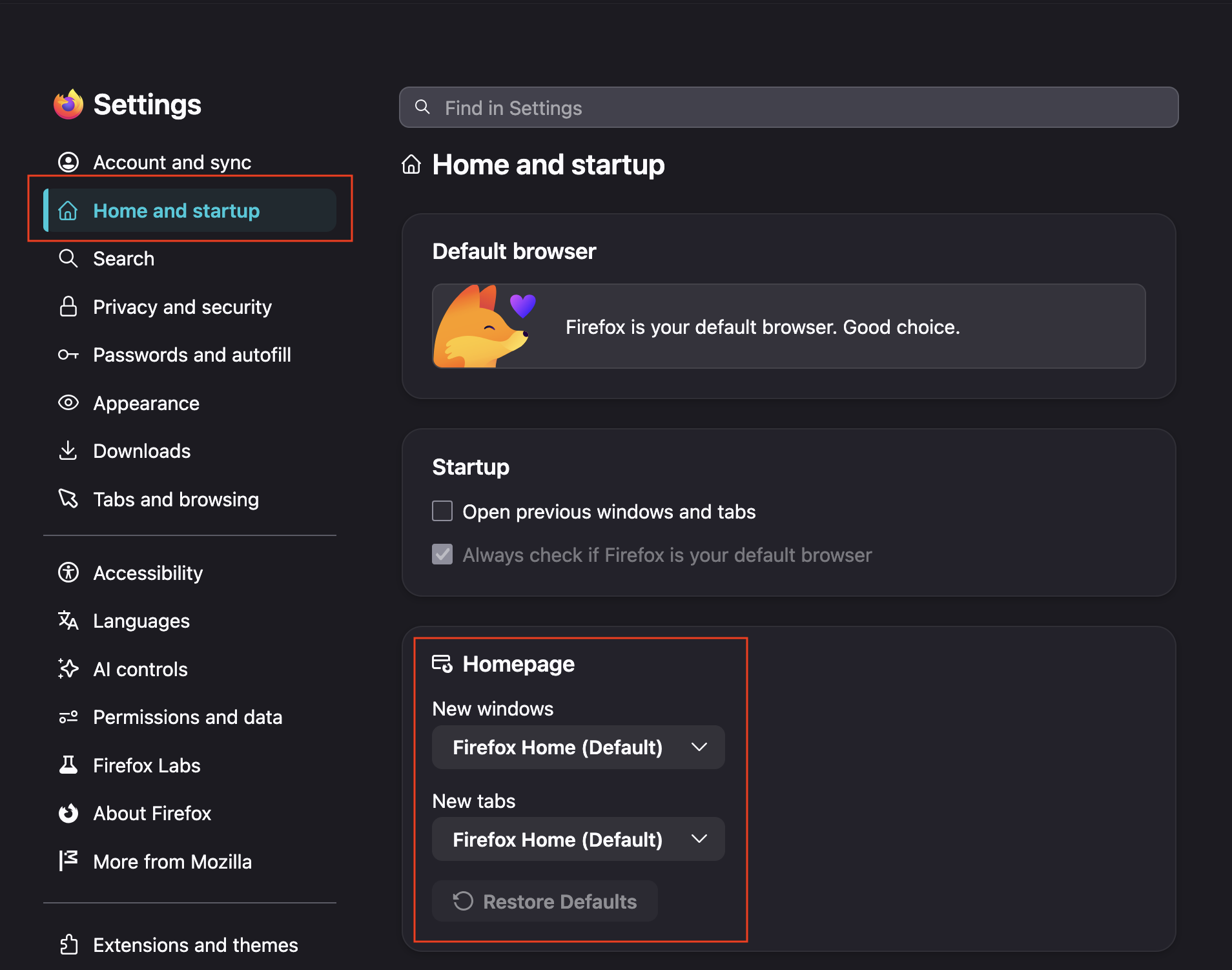 Setting Up Firefox Home as the Homepage
